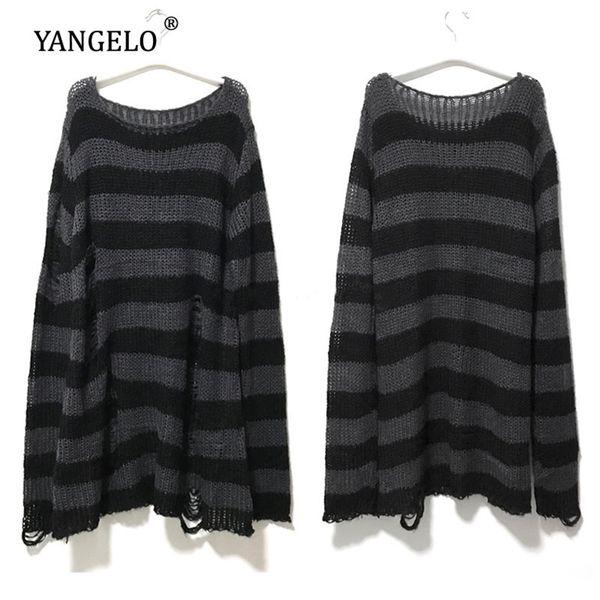 punk gothic long sweater summer women striped cool hollow out hole broken jumper loose rock thin dark streetwear 210907, White;black